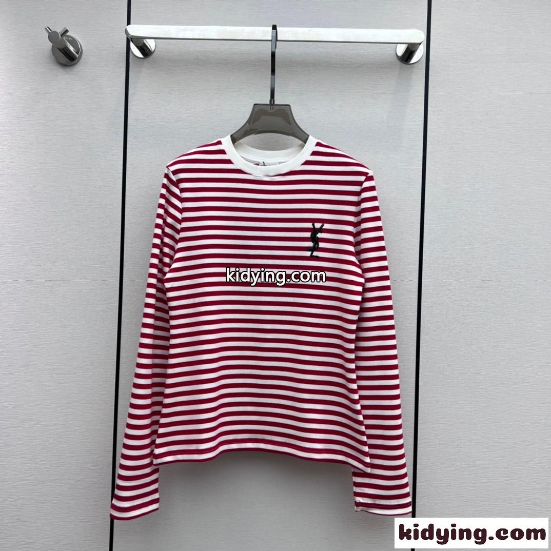 定番 カジュアル ボーダー クルーネック イヴ・サンローラン Tシャツ コピー-0
