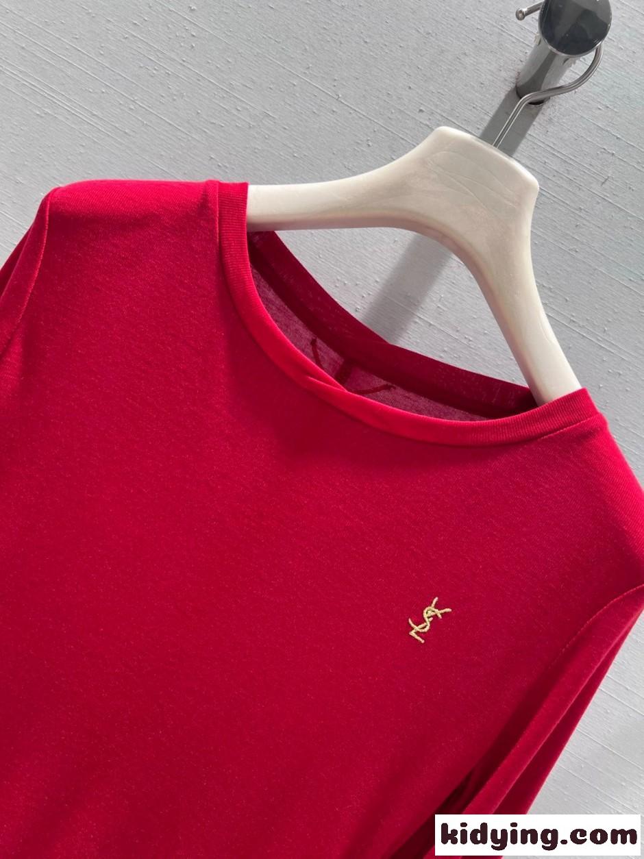 シンプル YSL 長袖Tシャツ イヴ・サンローラン Tシャツ コピー レッド-2