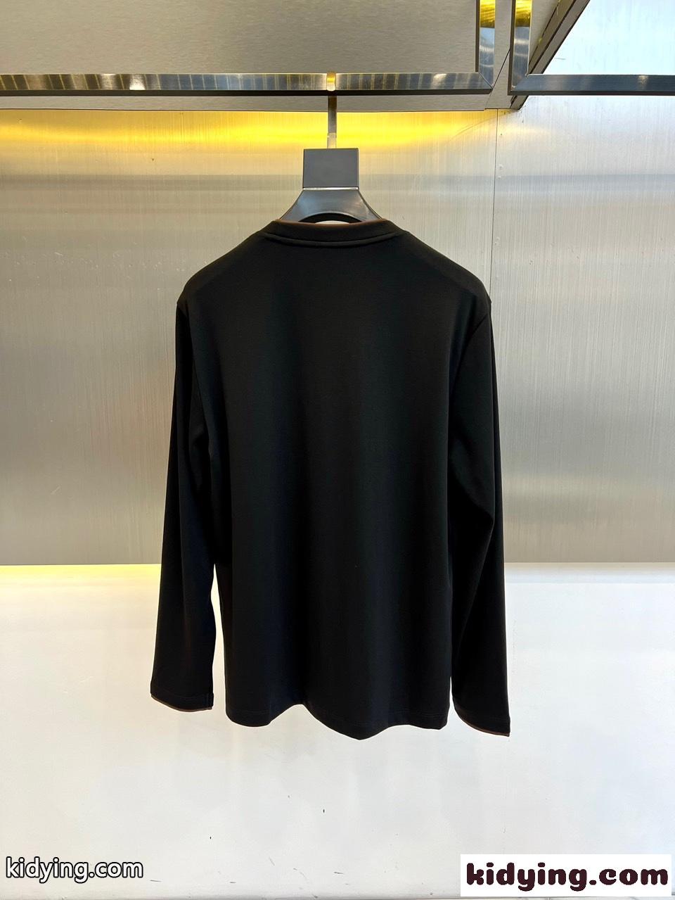 シンプル クルーネック 長袖Tシャツ エルメネジルド・ゼニア Tシャツ 偽物 ブラック-3