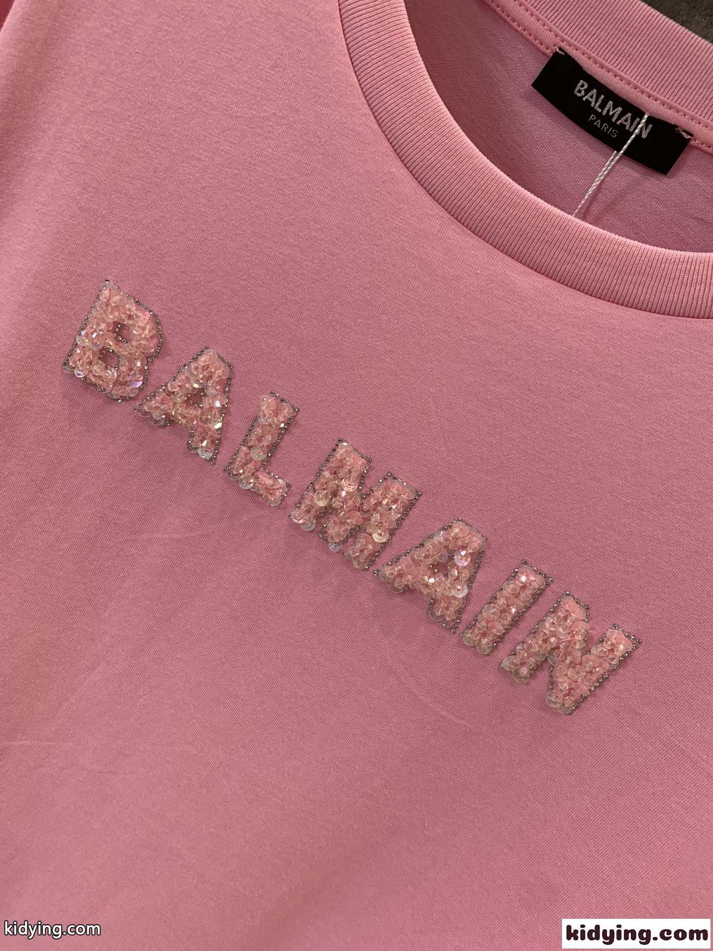 シンプル ロゴ入り 長袖Tシャツ バルマン Tシャツ コピー ピンク-4