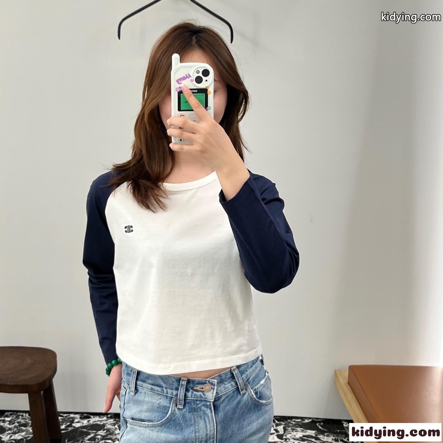 トリオンフ刺繍 コットン ショート 長袖Tシャツ セリーヌ Tシャツ コピー レディース-0