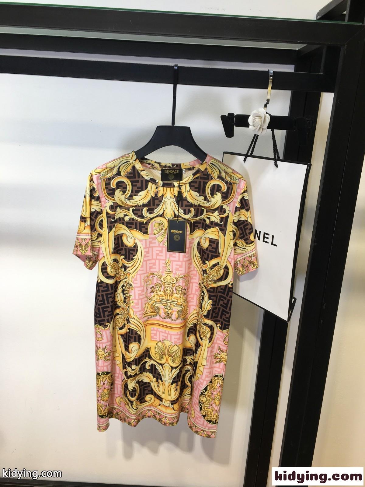 Fendi x Versace コラボ 新作 プリント クルーネック フェンディ 半袖tシャツ コピー チュニック トップス-0