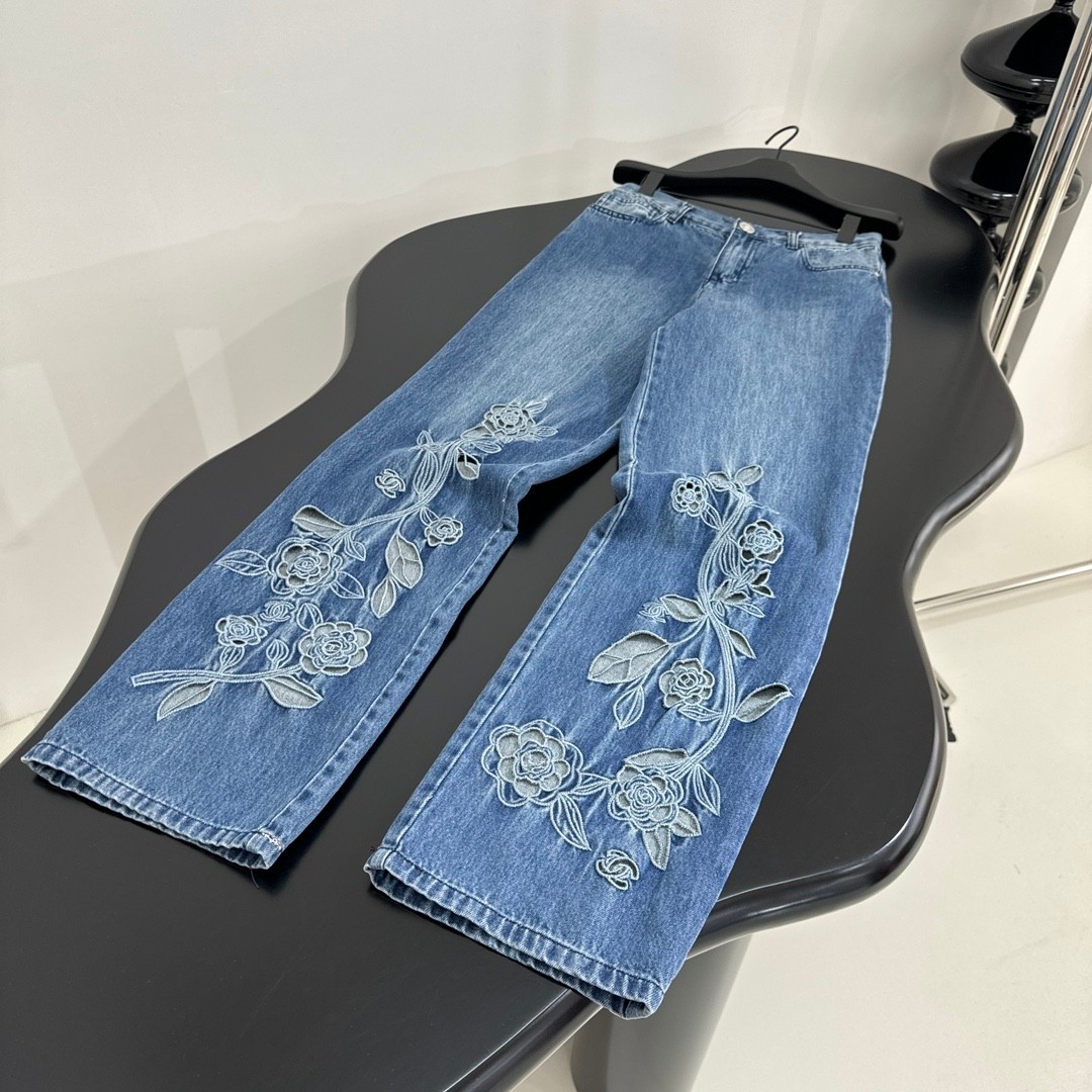 高級感 カメリア カットアウト シャネル ジーンズ コピー レディース デニムパンツ ブルー-1