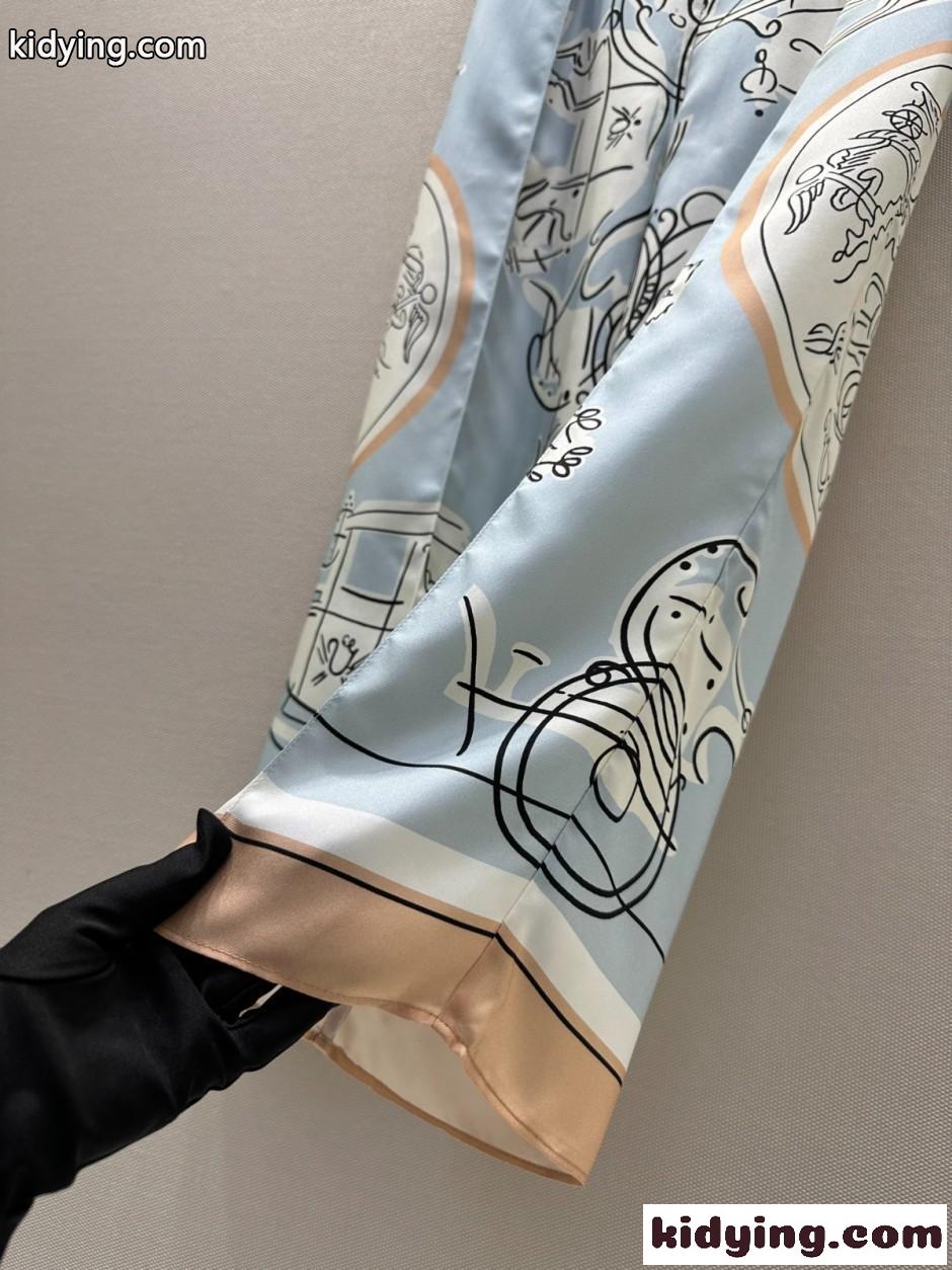 エレガント プリント シルク ワイドパンツ エルメス パンツ 偽物 ライトブルー-3