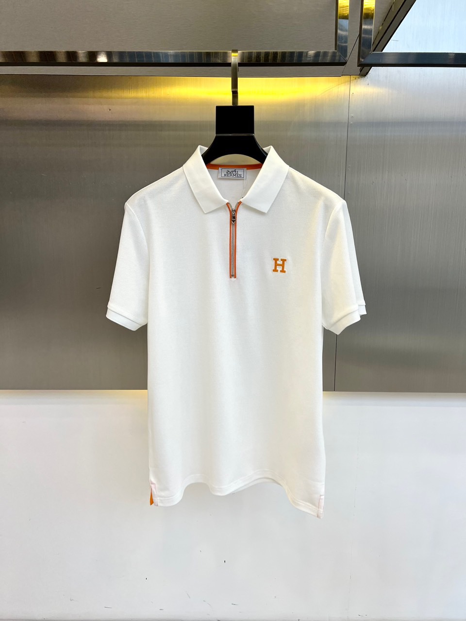洗練された ハーフジップ ポロシャツ エルメス Tシャツ 偽物 コットンピケ ホワイト-0