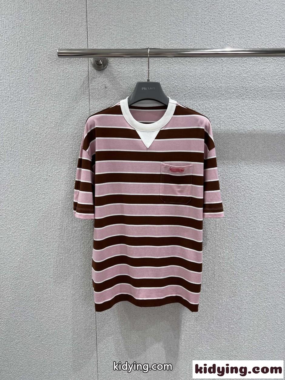カジュアル おしゃれ ボーダー柄 半袖Tシャツ コットン プラダ Tシャツ 偽物-2