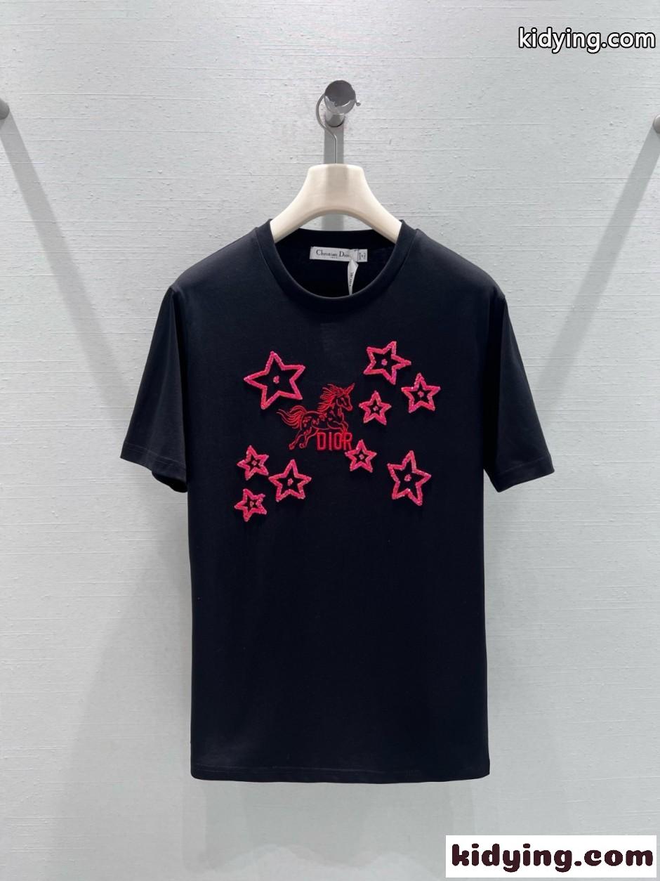 刺繍入り コットン 半袖Tシャツ クリスチャン・ディオール Tシャツ コピー ブラック-0