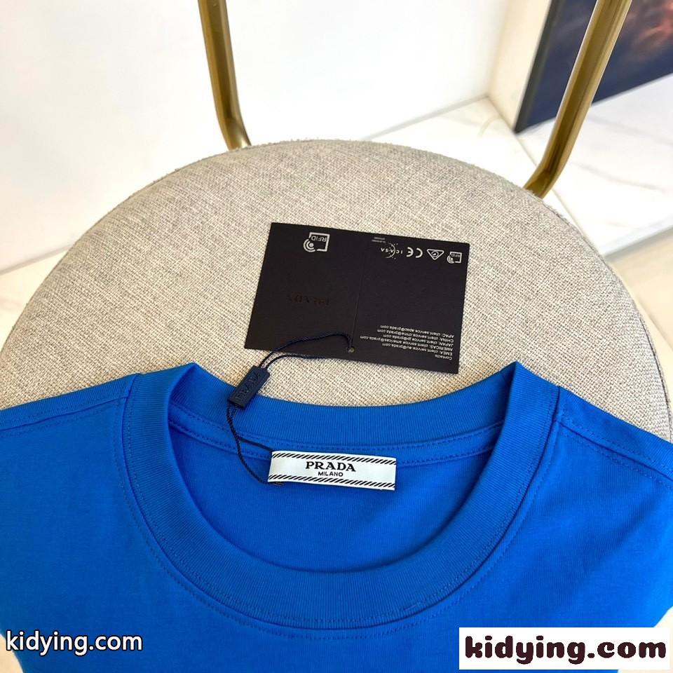 シンプル トライアングルロゴ付き 半袖Tシャツ プラダ Tシャツ コピー ブルー-1