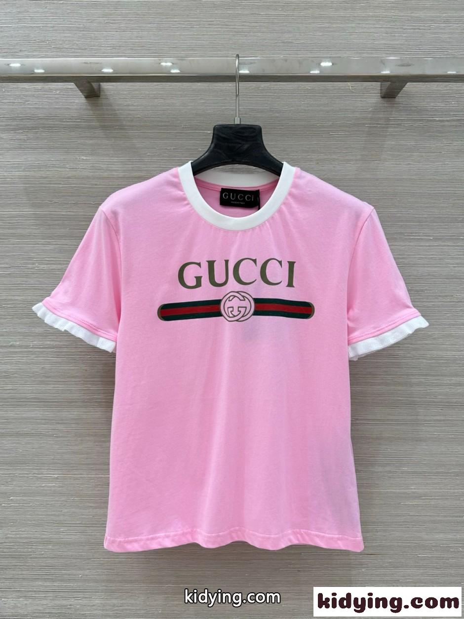 人気 カジュアル ロゴ入り コットン 半袖Tシャツ グッチ Tシャツ コピー ピンク-0