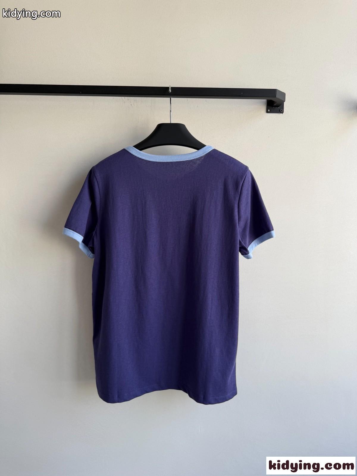 カジュアル コットン 配色 半袖Tシャツ イヴ・サンローラン Tシャツ コピー パープル-1