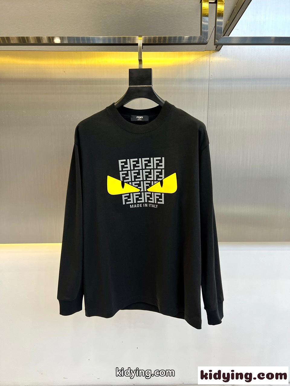 カジュアル ロゴプリント コットン 長袖Tシャツ フェンディ Tシャツ コピー ブラック-1