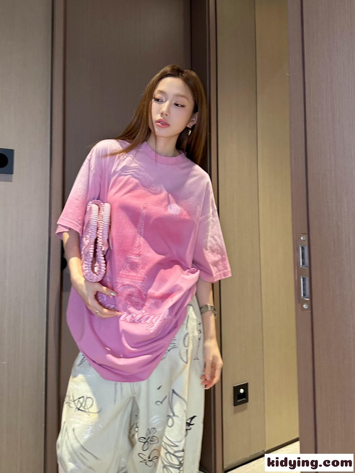 PARIS MOON 半袖Tシャツ オーバーサイズ バレンシアガ Tシャツ コピー ピンク-5