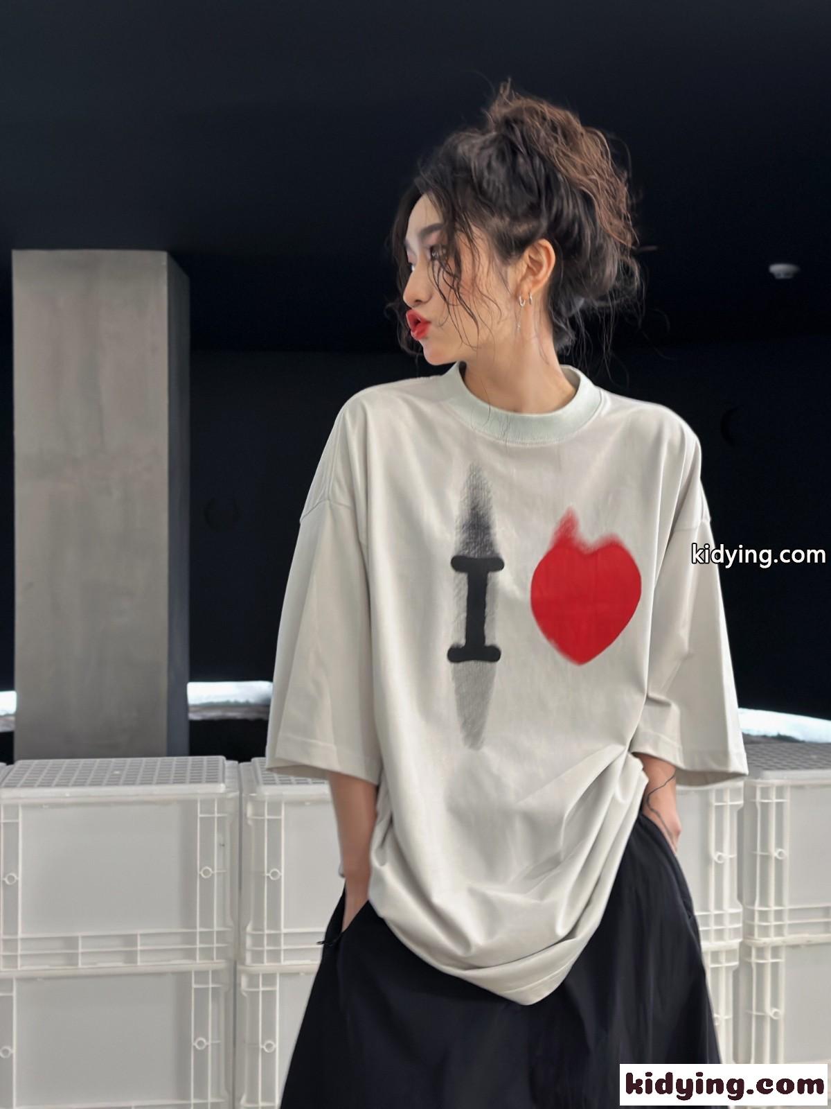 ユニセックス カジュアル I Love プリント 半袖Tシャツ バレンシアガ Tシャツ コピー ホワイト-3