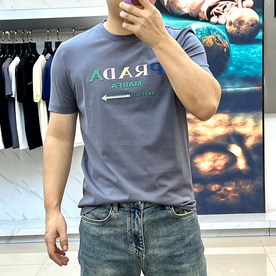 カジュアル ロゴ入り クルーネック プラダ Tシャツ コピー 半袖Tシャツ グレー-2