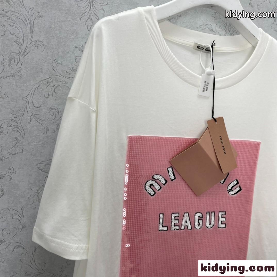 2022春夏新作 人気 刺繍 スパンコール ラウンドネック ゆったり ミュウミュウ 半袖tシャツ コピー レディース-3