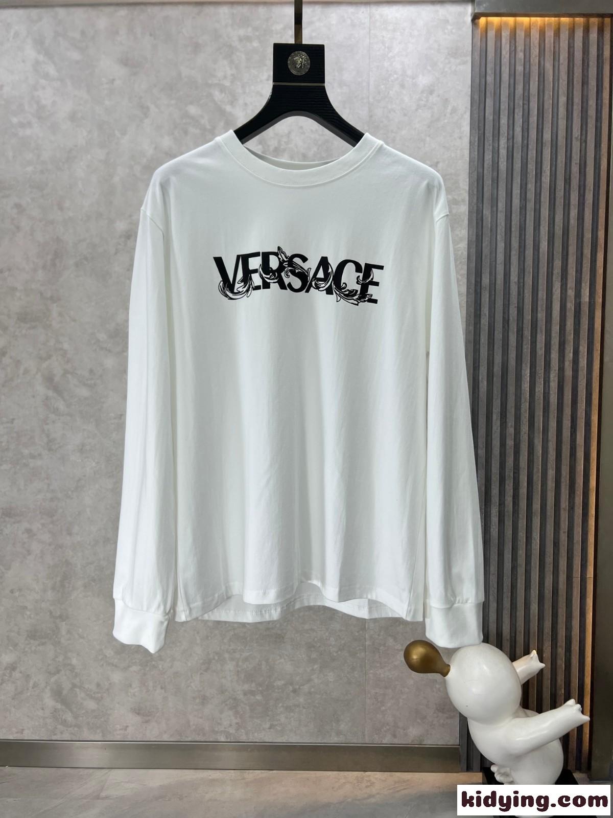 シンプル ロゴプリント クルーネック 長袖Tシャツ ヴェルサーチェ Tシャツ コピー ホワイト-0