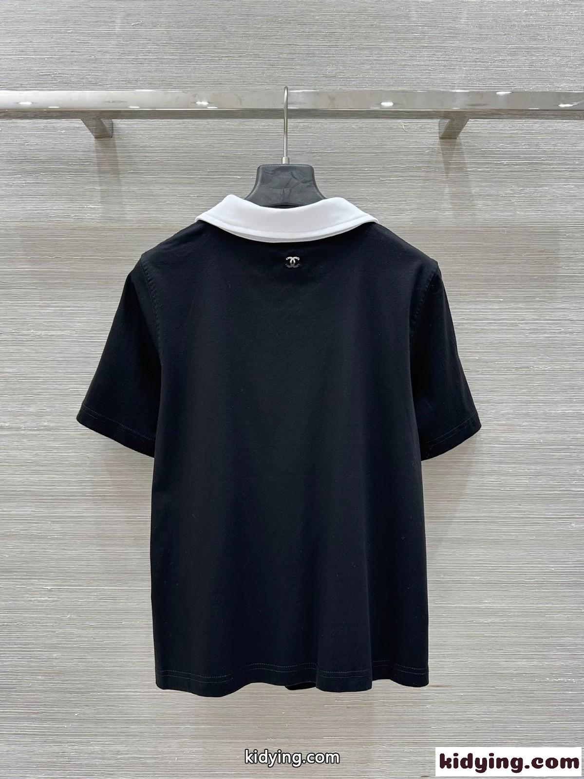バイカラーの襟が上品♪可愛い シャネル Tシャツ コピー 半袖 トップス ブラック-4