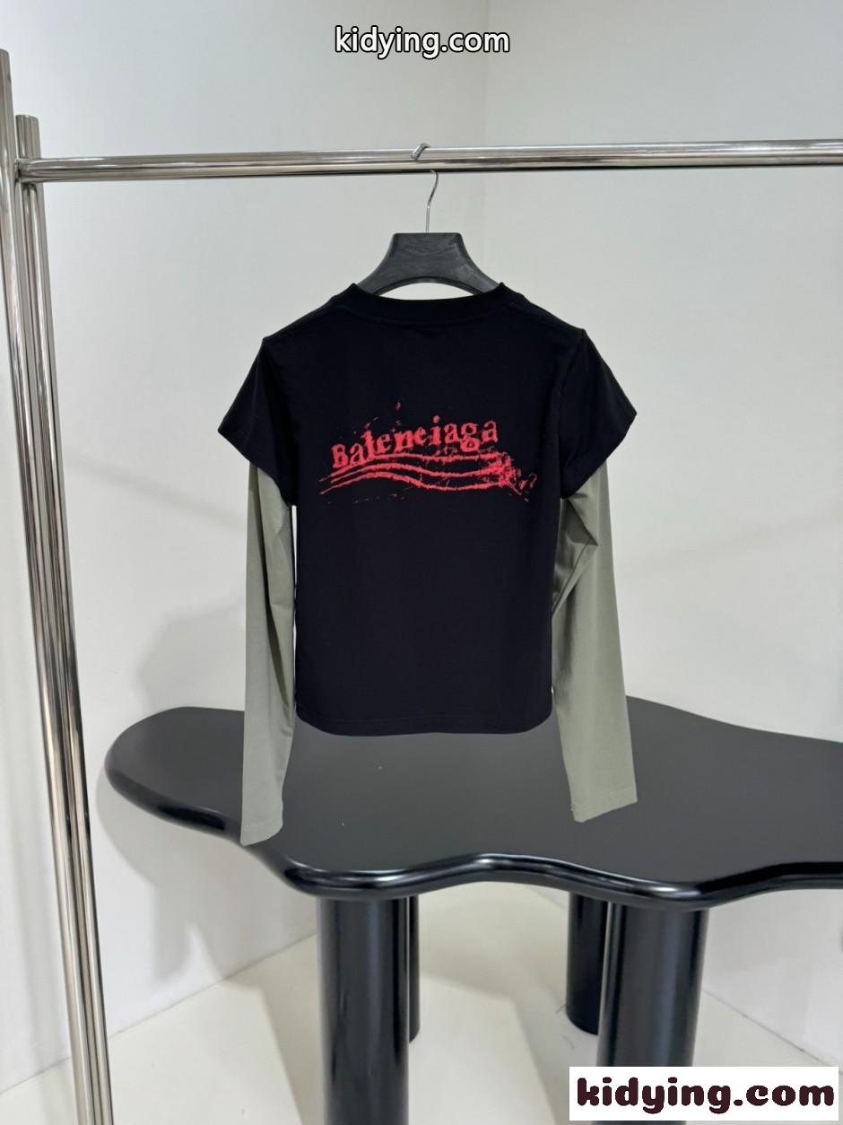 おしゃれ レイヤード風 ロゴ 長袖Tシャツ バレンシアガ Tシャツ コピー-1