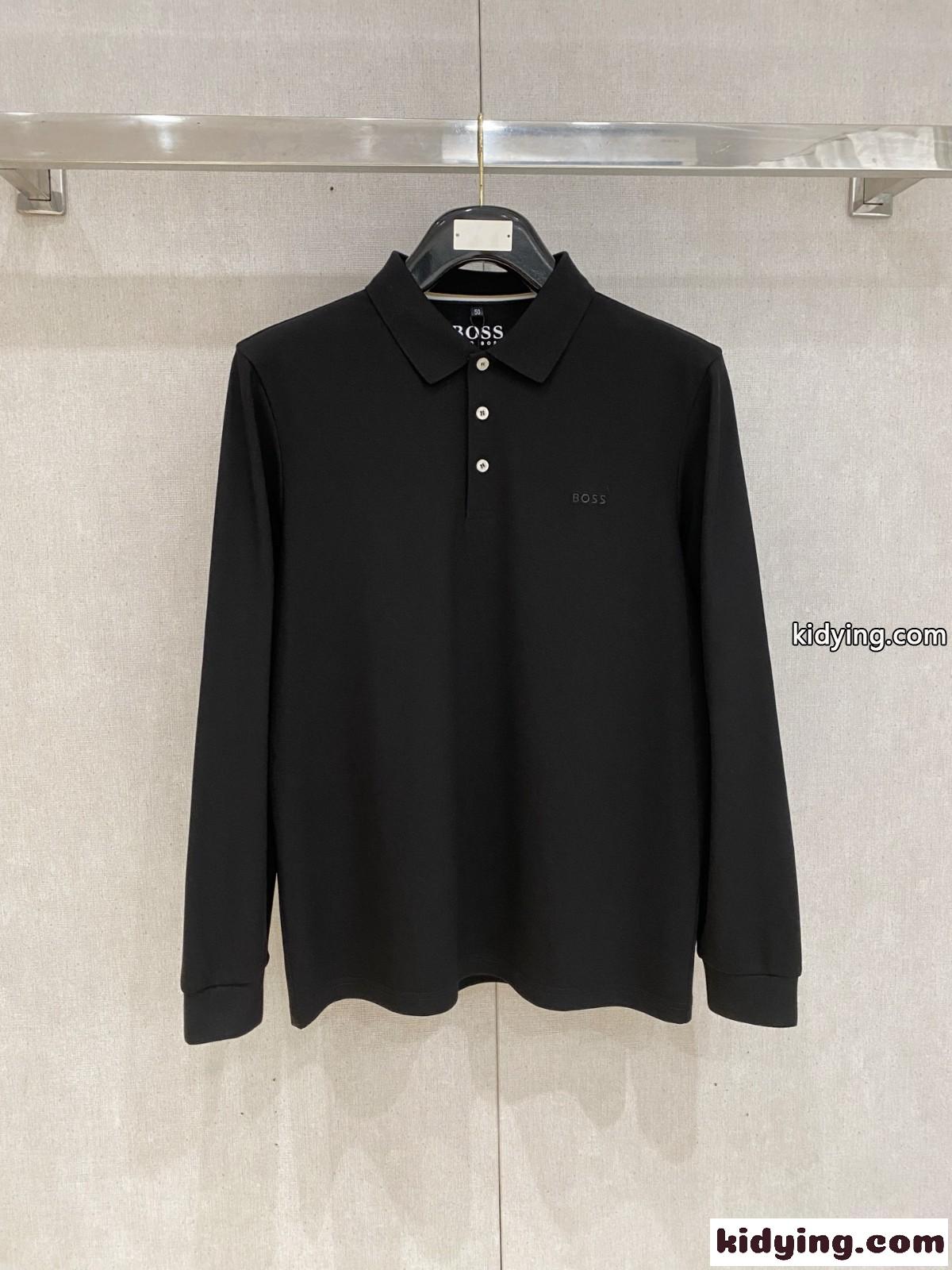上品 コットン ロゴ 長袖 ポロシャツ ヒューゴ・ボス Tシャツ コピー ブラック-0