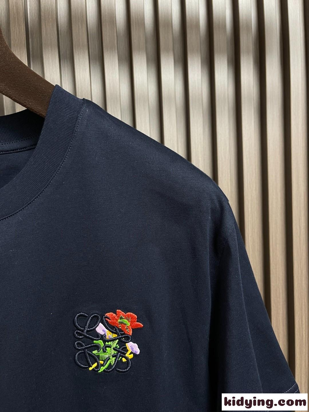 シンプル アナグラム刺繍 クルーネック ロエベ Tシャツ 偽物 コットン ネイビー-2