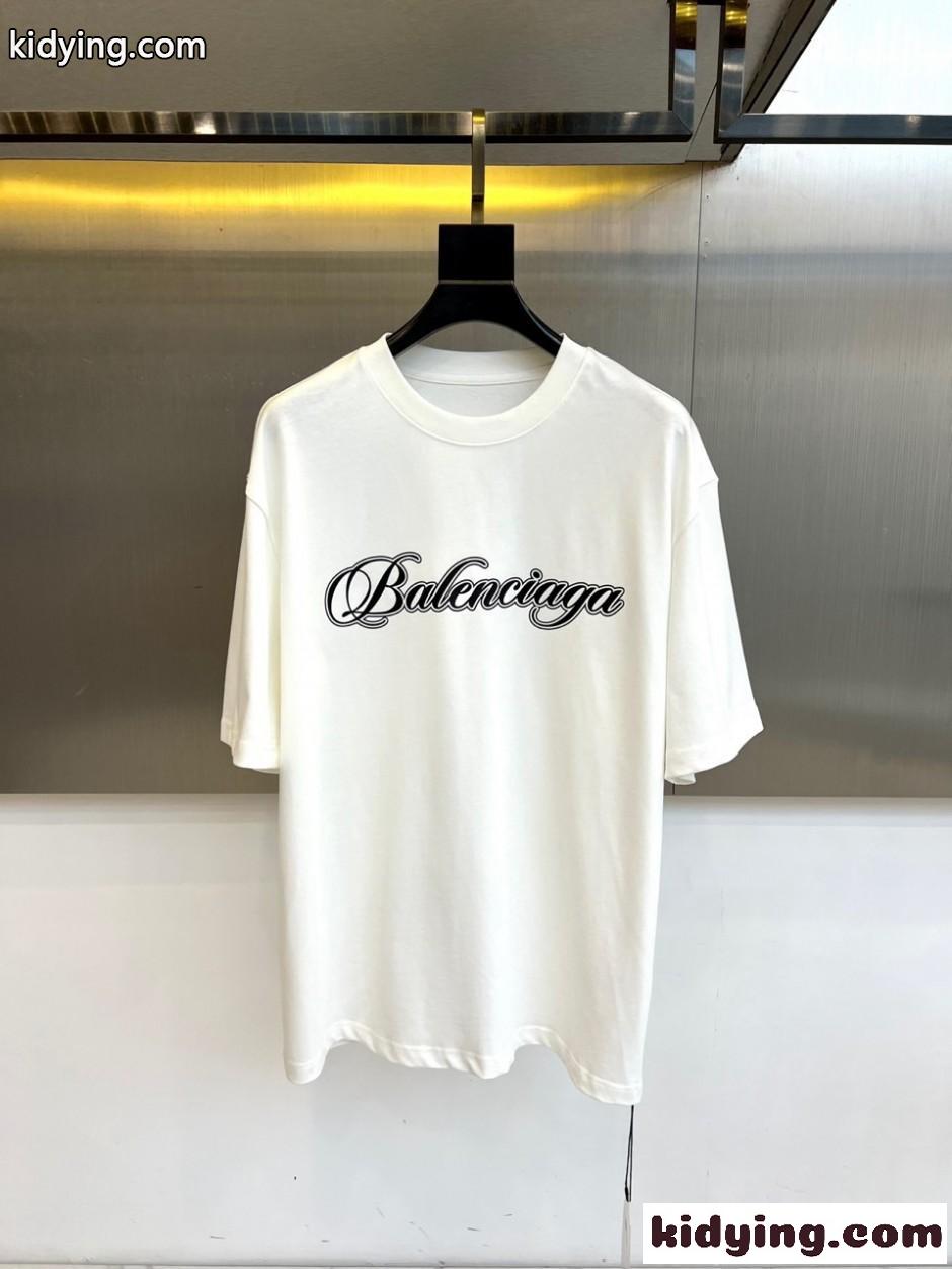 バレンシアガ Tシャツ 偽物 スクリプトロゴ クルーネック 半袖Tシャツ ホワイト-1