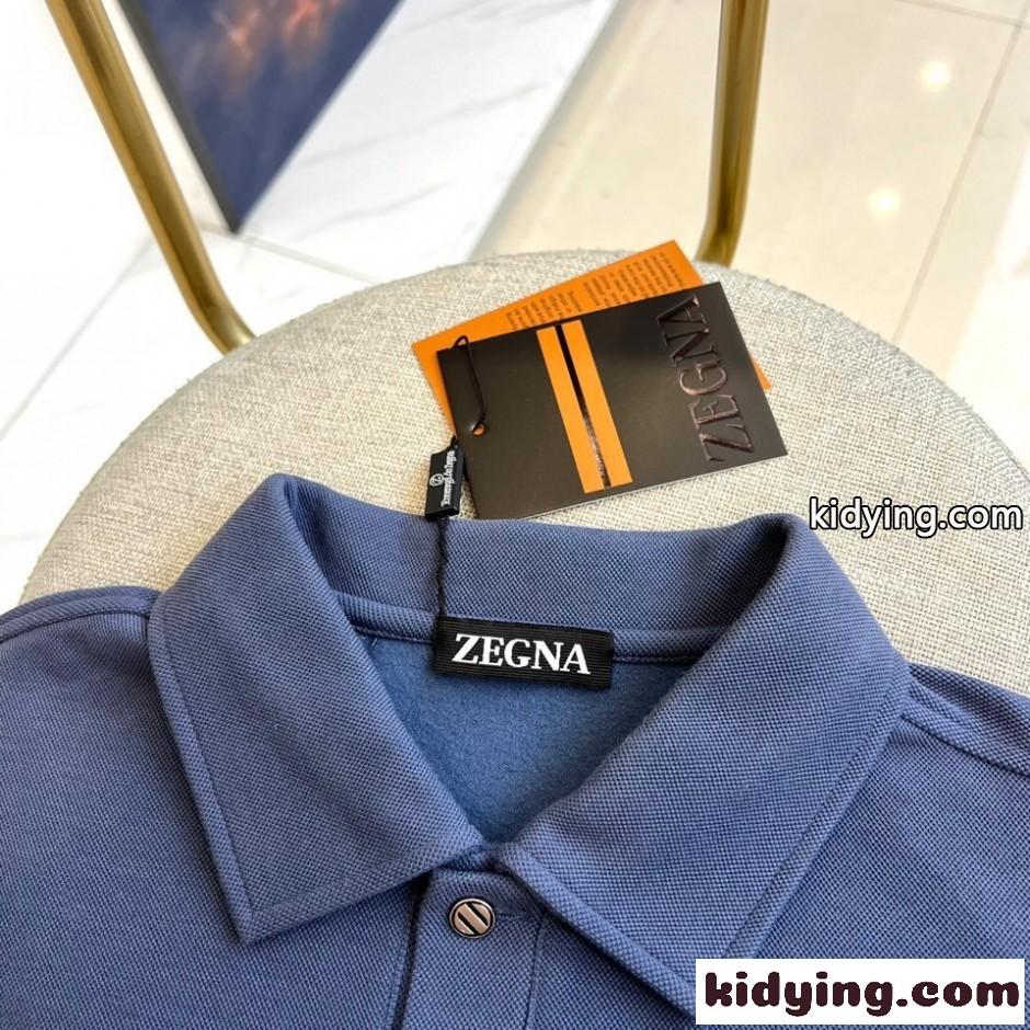 シンプル 上品 エルメネジルド・ゼニア Tシャツ 偽物 ロゴ 長袖 ポロシャツ ブルー-2
