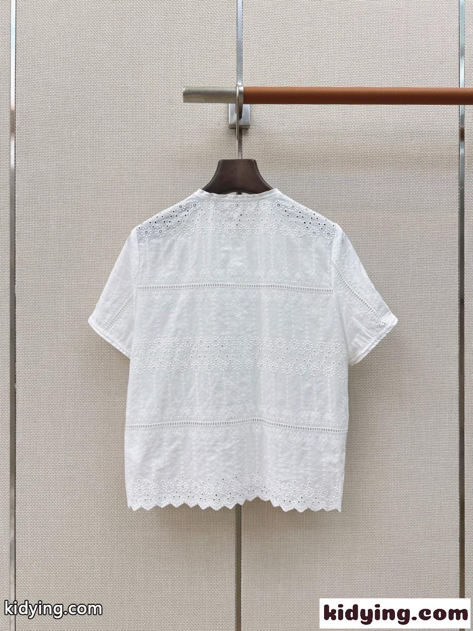 フェミニン レース刺繍 半袖シャツ セリーヌ シャツ 偽物 ホワイト-2