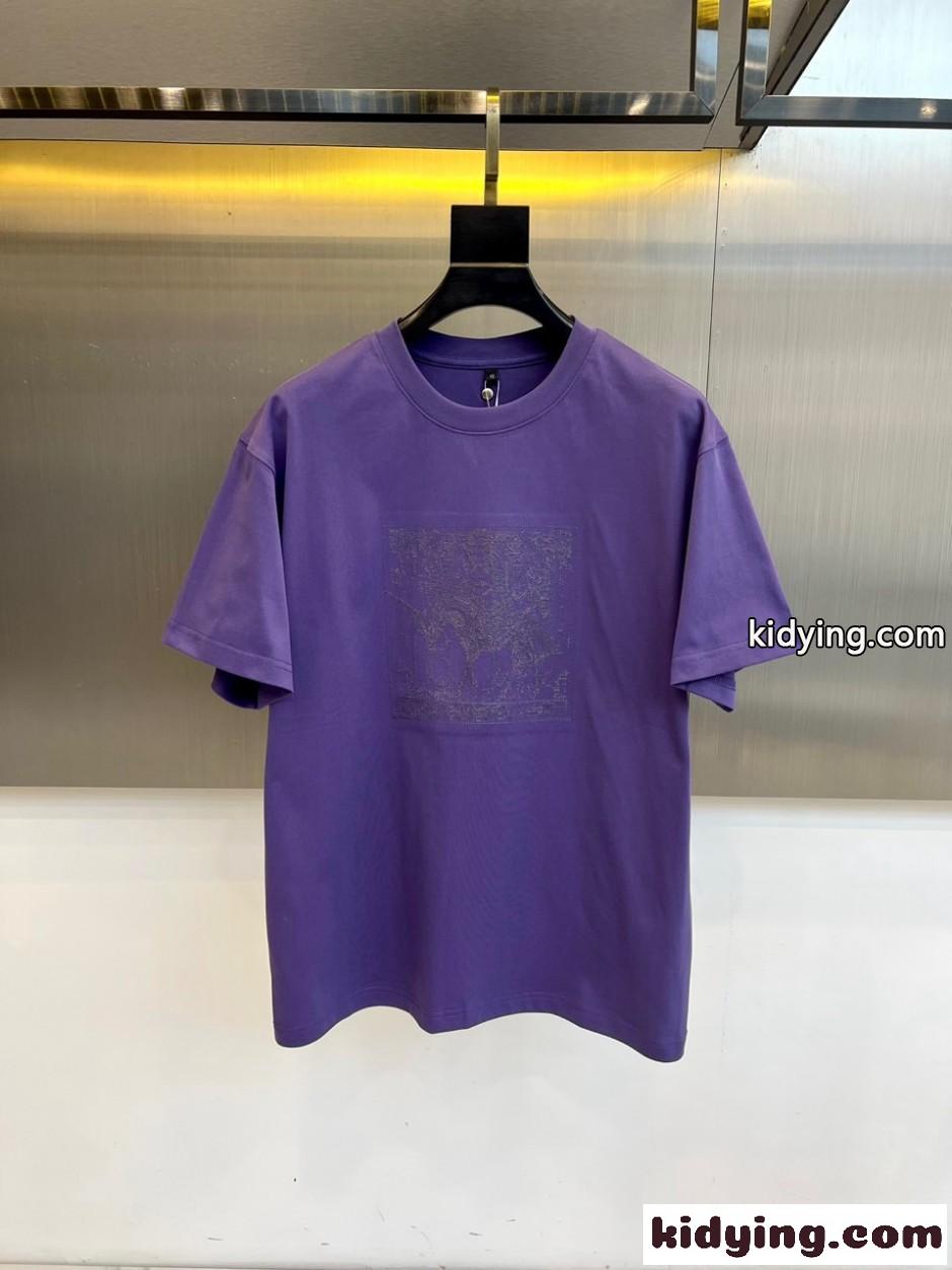 エルメス Tシャツ 偽物 お洒落 カジュアル コットン 半袖Tシャツ パープル-0