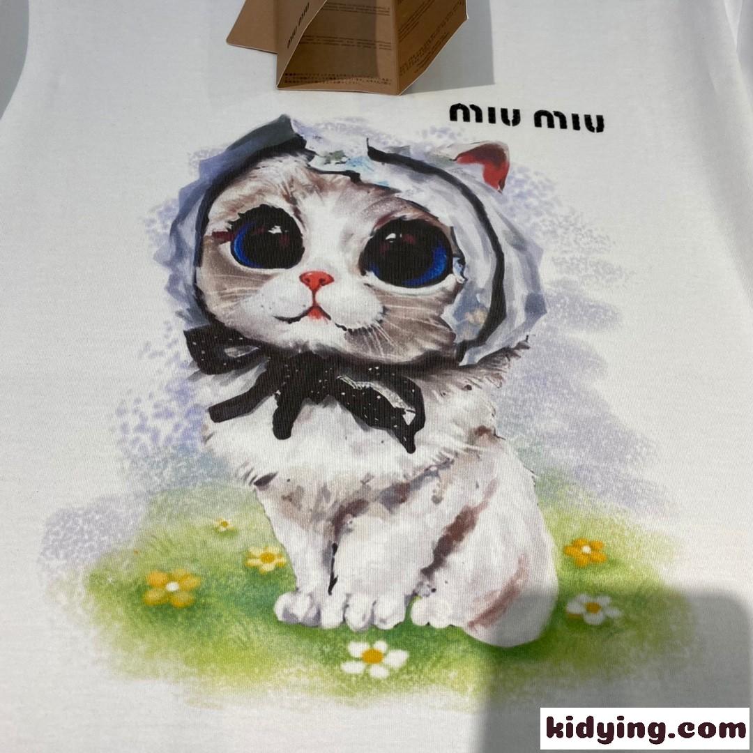 可愛い プリント クルーネック コットン 春夏 定番 ミュウミュウ 半袖tシャツ コピー 人気 カジュアル-0