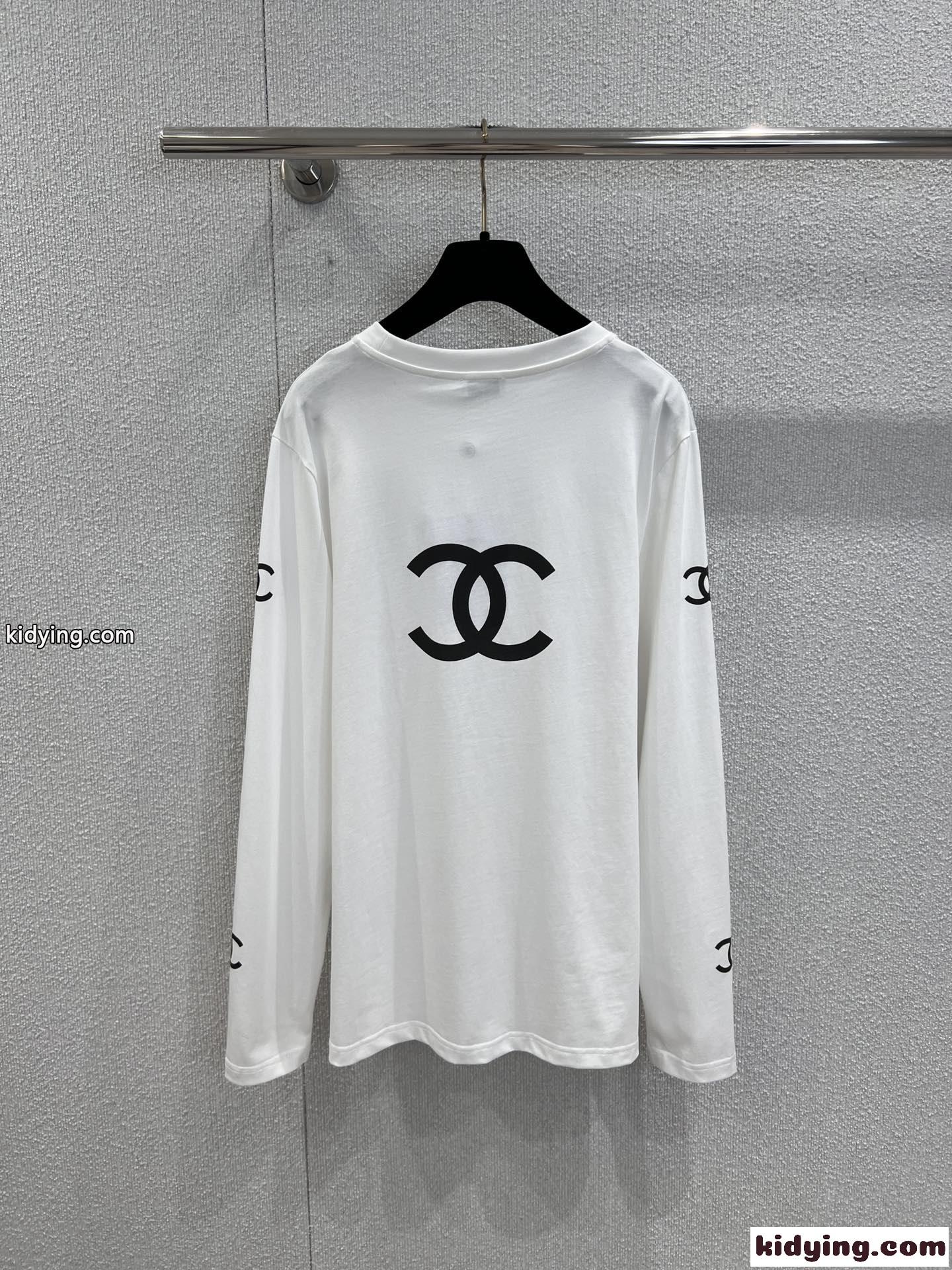 カジュアル 定番 CCロゴ コットン 長袖Tシャツ シャネル Tシャツ コピー ホワイト-1