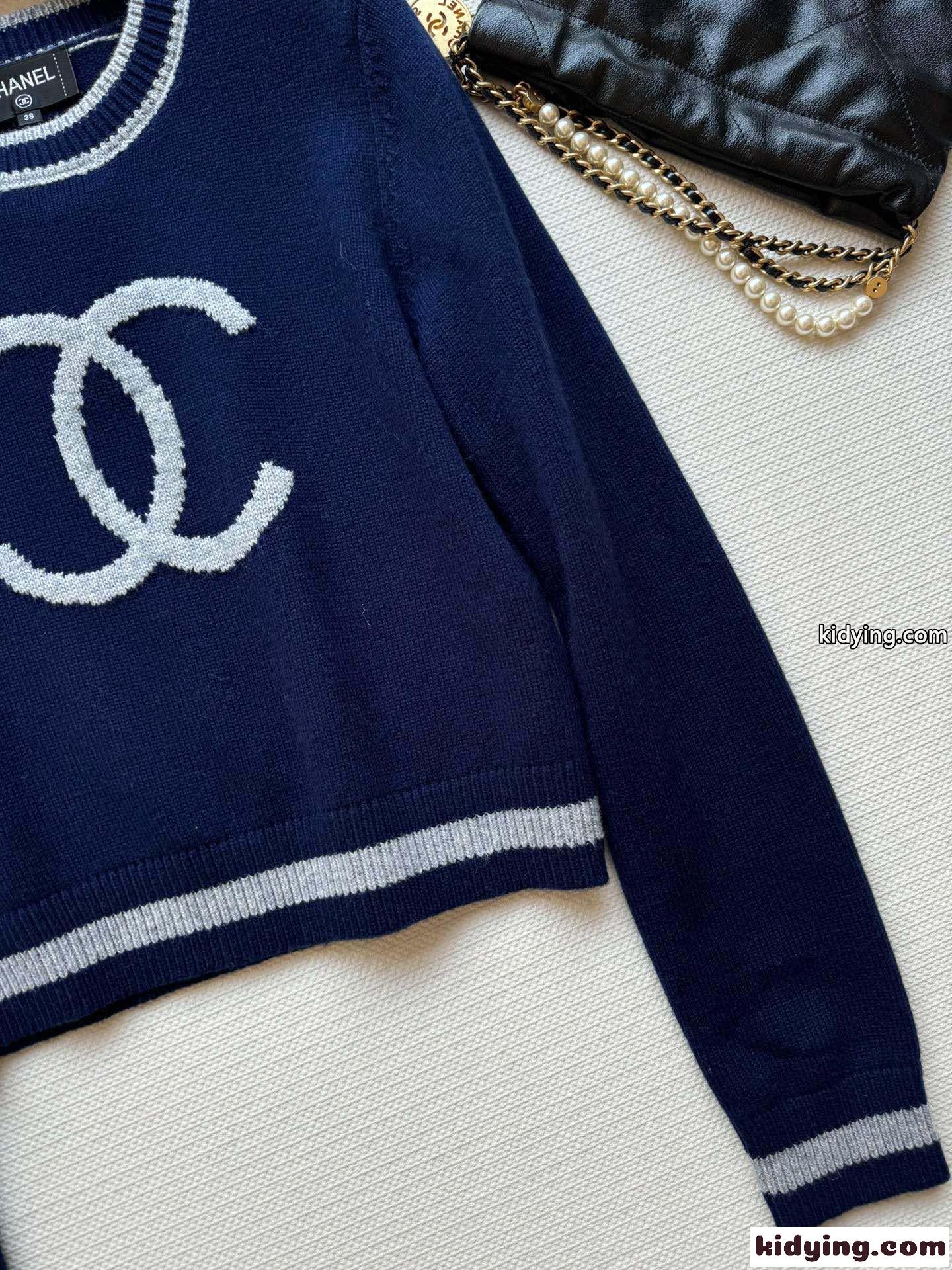 CCロゴ ロングスリーブ カシミヤ ニット シャネル セーター コピー ネイビー-3