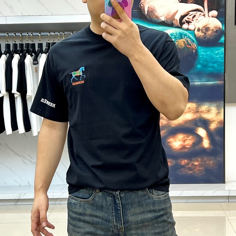 カジュアル 合わせやすい クルーネック エルメス Tシャツ 偽物 半袖Tシャツ ブラック-2