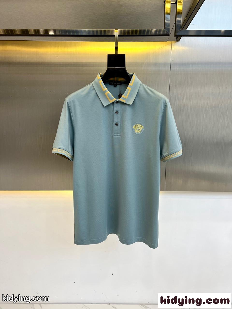 カジュアル コットンピケ 半袖ポロシャツ ヴェルサーチェ Tシャツ コピー ブルー-0