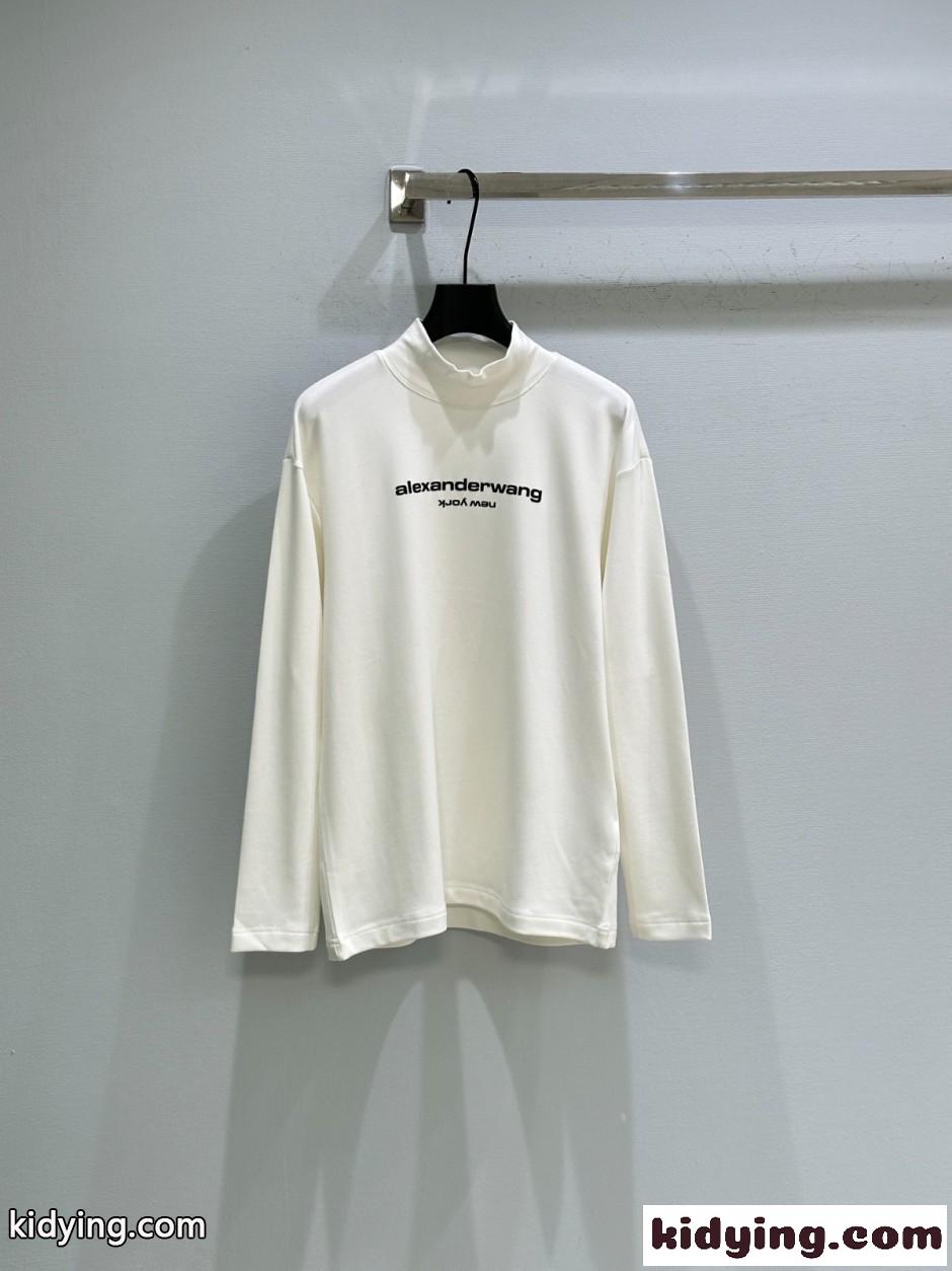 アレキサンダーワング Tシャツ 偽物 カジュアル ロゴ入り モックネック 長袖Tシャツ ホワイト-1