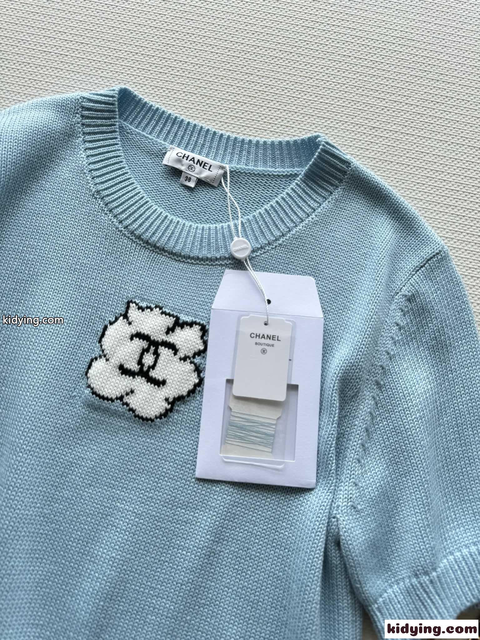 シンプル ロゴ クルーネック サマーニット シャネル ニットウェア コピー ブルー-2