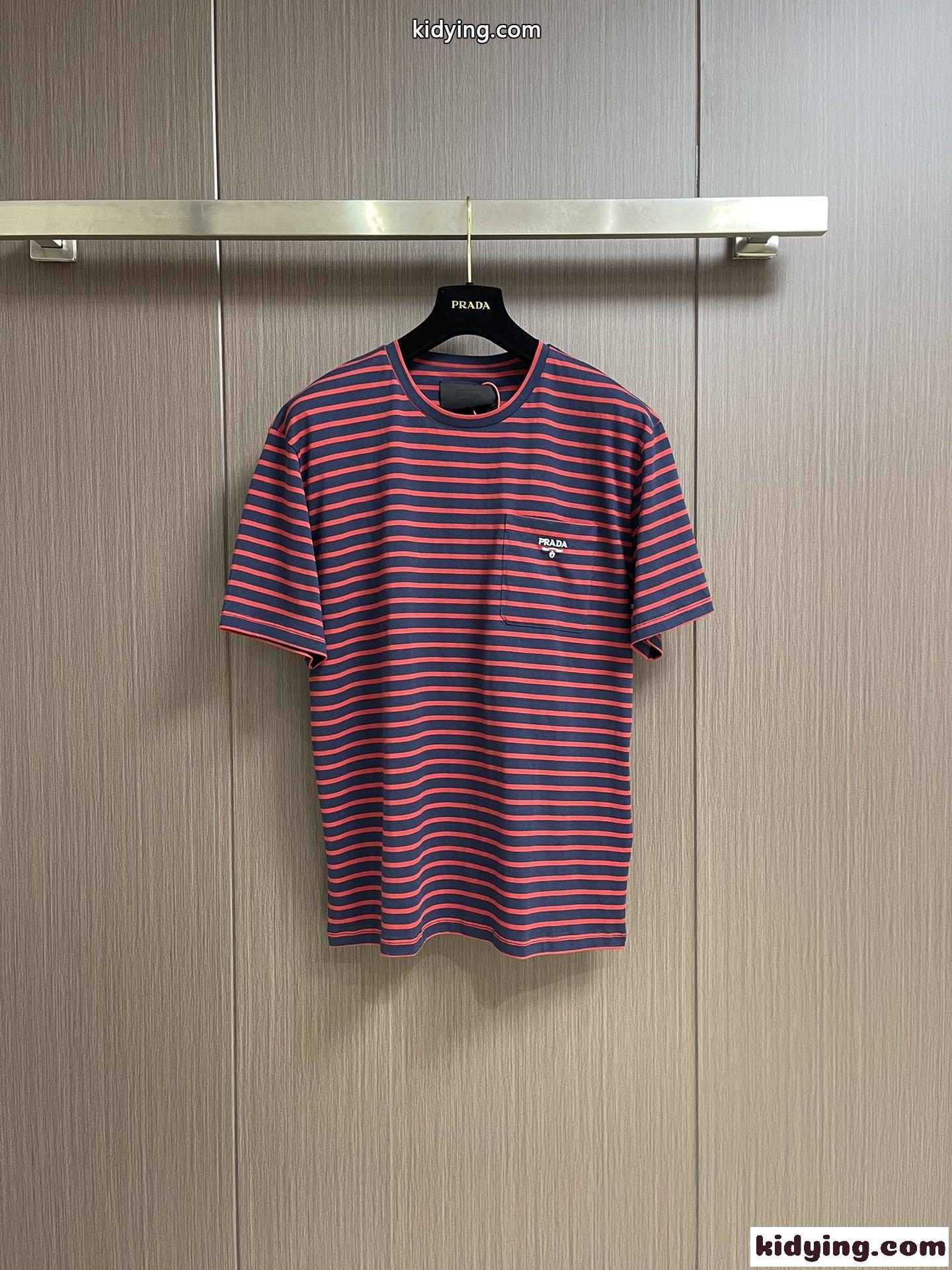 カジュアル 人気 プラダ ストライプ コットン Tシャツ コピー クルーネック-1