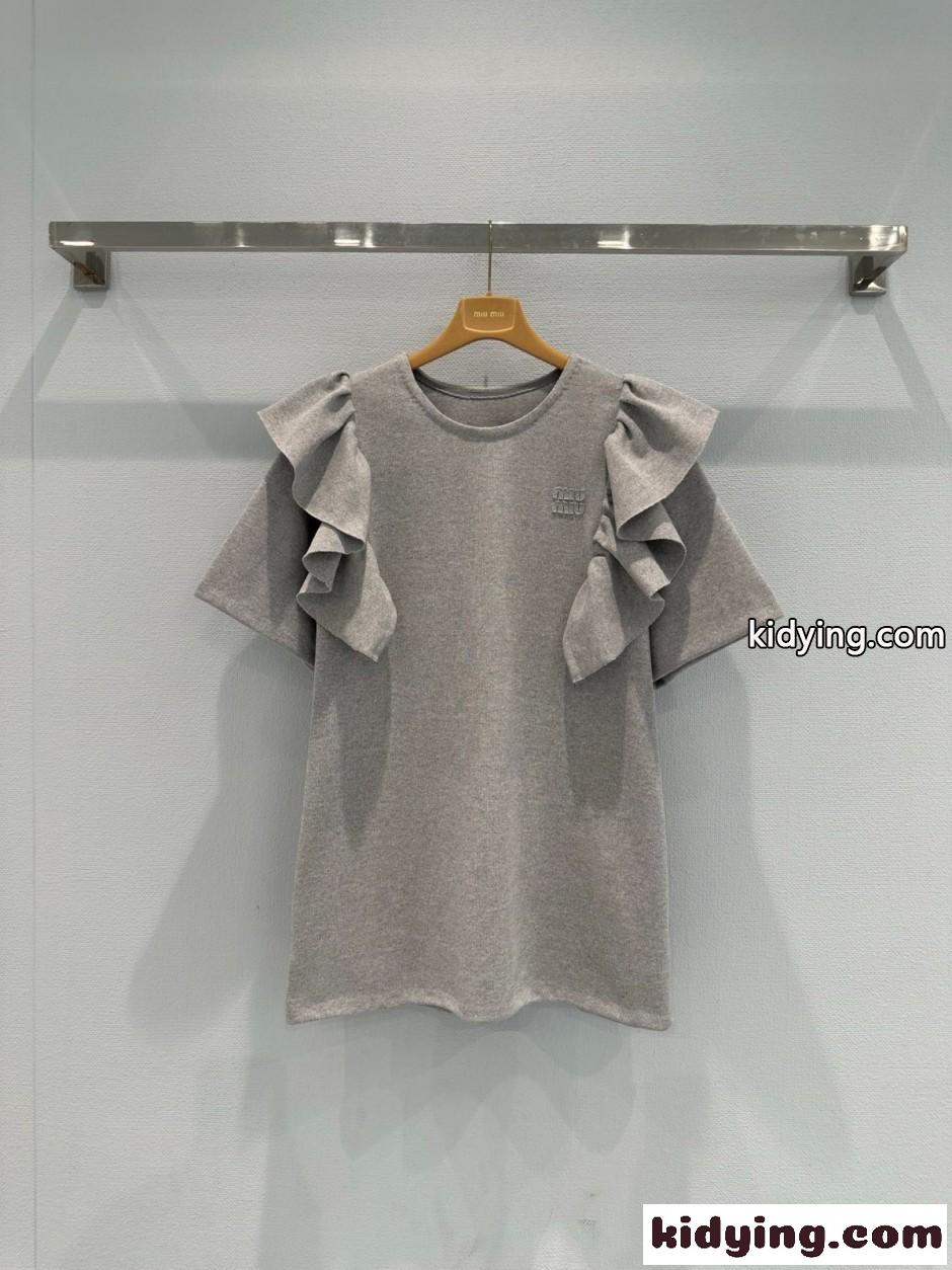 フェンミン ラッフルフリル 半袖Tシャツ ミュウミュウ Tシャツ コピー グレー-0