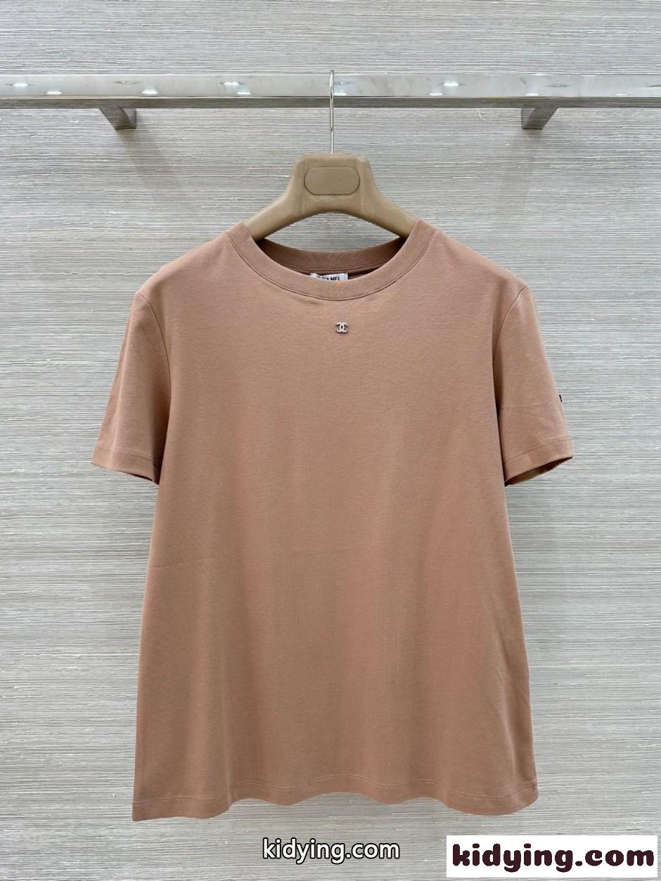 シンプル コットン 半袖Tシャツ シャネル Tシャツ コピー クルーネック トープ-0