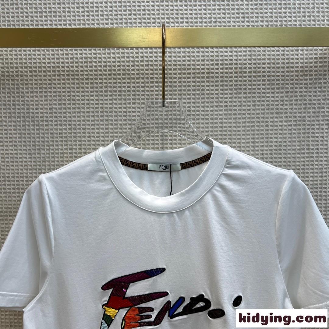 おしゃれ ロゴ コットン 着心地いい クルーネック 半袖 トップス フェンディ Tシャツ コピー レディース 春夏 定番-1