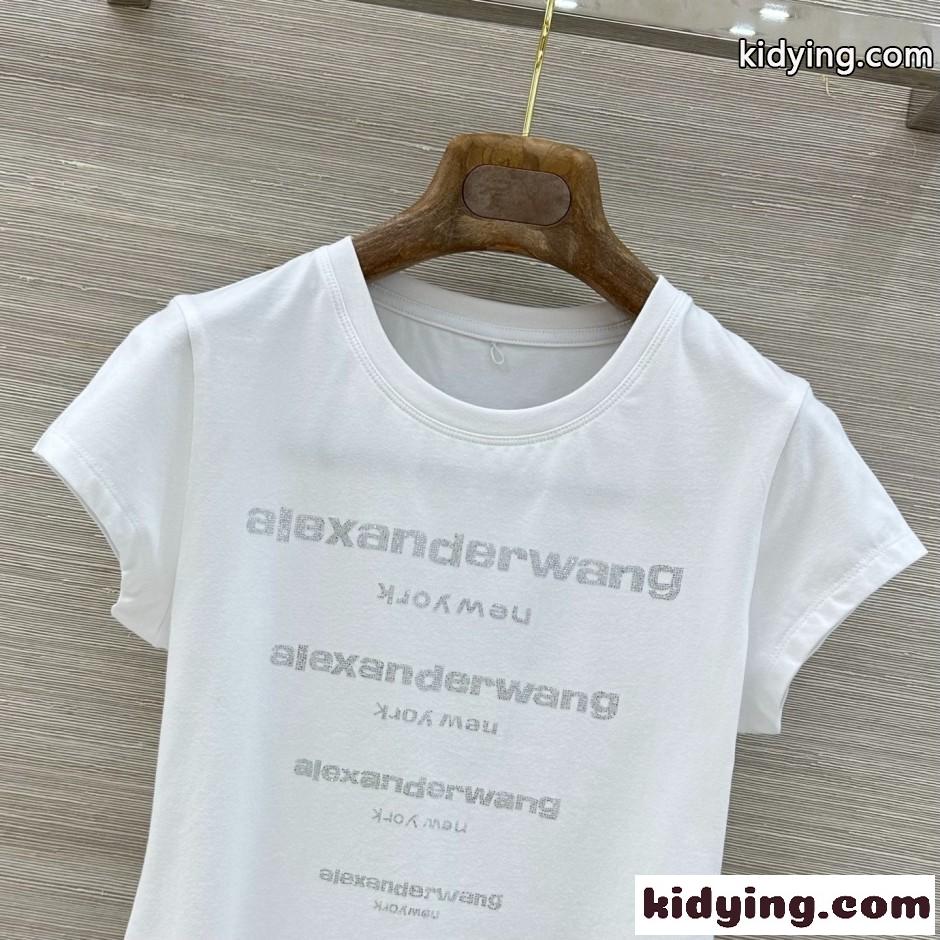 アレキサンダーワング Tシャツ コピー ラインストーンロゴ 半袖Tシャツ ホワイト-1