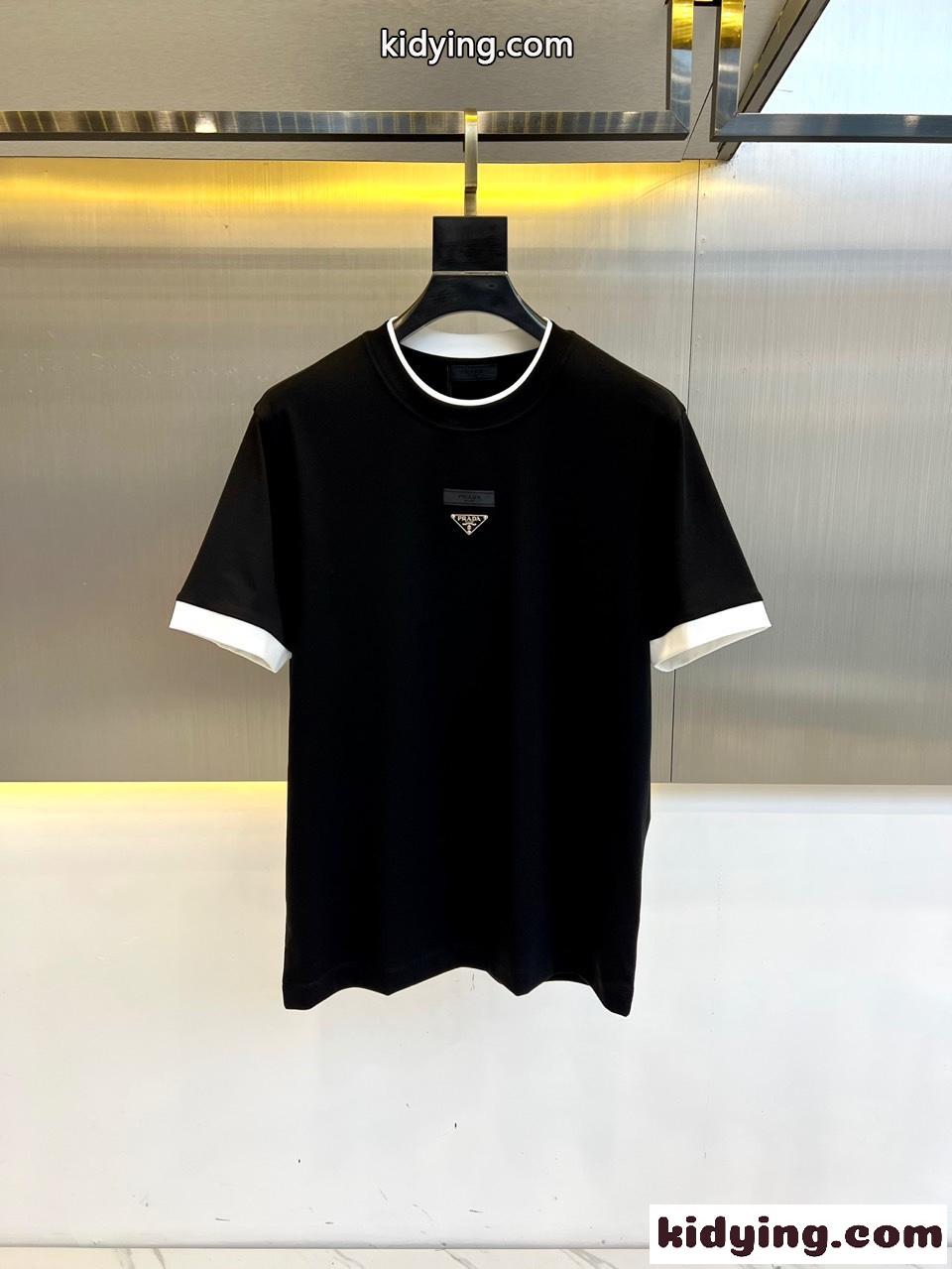 おしゃれ カジュアル コットン クルーネック 半袖Tシャツ プラダ Tシャツ コピー ブラック-0