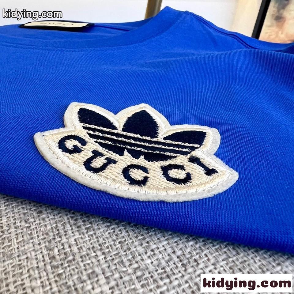 ADIDAS X GUCCI コットン クルーネック Tシャツ グッチ Tシャツ コピー 男女兼用 ブルー-4