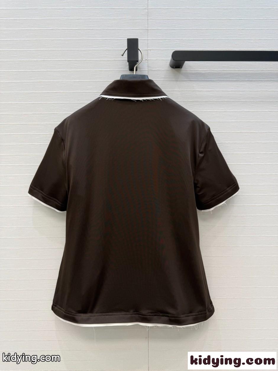 プラダ Tシャツ 偽物 カジュアル 配色 ポロシャツ コットン混 ダークブラウン-3