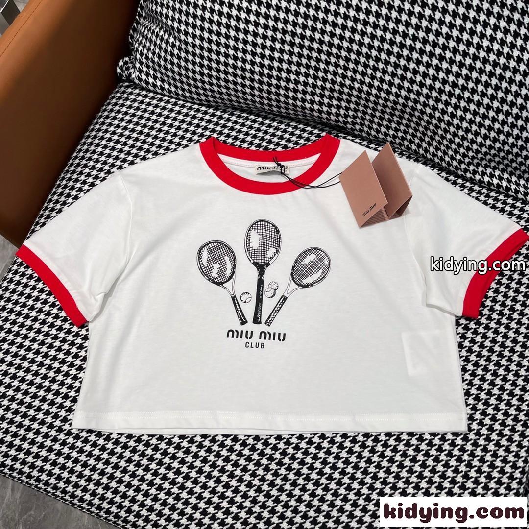 カジュアル おしゃれ プリント コットン 半袖Tシャツ ミュウミュウ Tシャツ コピー クロップド丈-1
