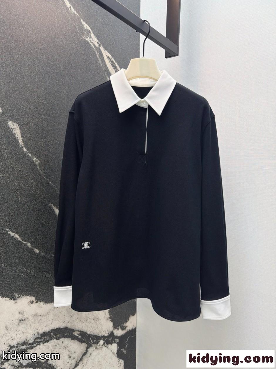 洗練された カジュアル 配色 トップス セリーヌ Tシャツ コピー ブラック-0
