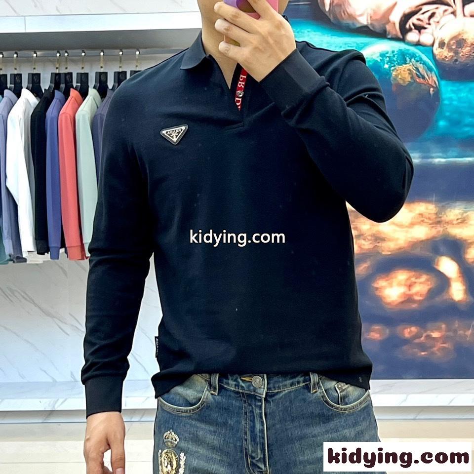 カジュアル 上品 コットン 長袖 ポロシャツ プラダ Tシャツ コピー ブラック-1