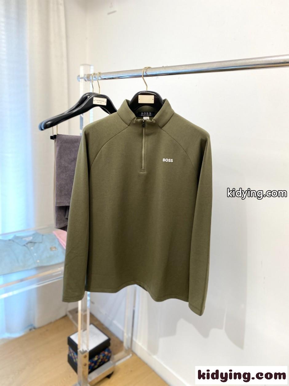 シンプル 洗練された ヒューゴ・ボス Tシャツ 偽物 胸ロゴ ハーフジップ 長袖Tシャツ グリーン-0