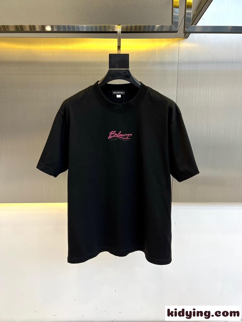 カジュアル ロゴプリント バレンシアガ Tシャツ 偽物 クルーネック コットン ブラック-0