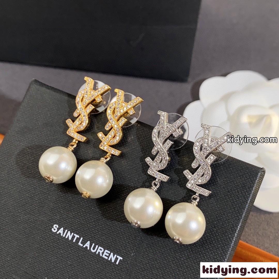 イヴ・サンローラン ピアス コピー キラキラ ラインストーン YSL モノグラム パール-1