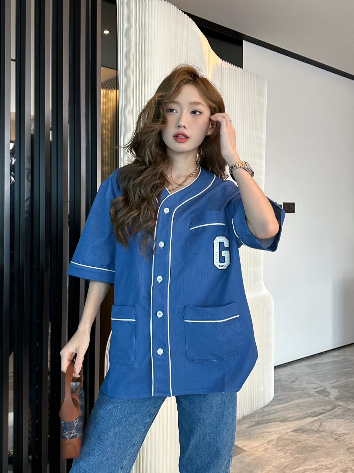 カジュアル 上品 Vネック G パッチ デニム シャツ グッチ シャツ コピー ユニセックス-3